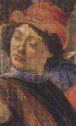 Personage wearing a green mantle third in the group on the left Sandro Botticelli